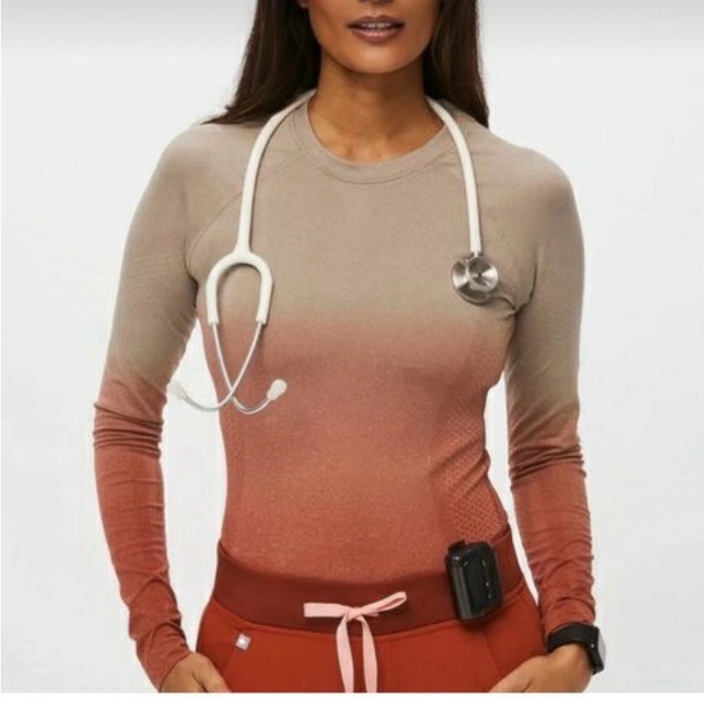 Figs Tan and Orange Ombré Seamless Long Sleeve Underscrub Top